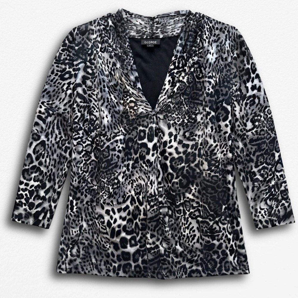 George Womens Leopard Print V-Neck Blouse Gray Black 3/4 Sleeve Size XXL 20